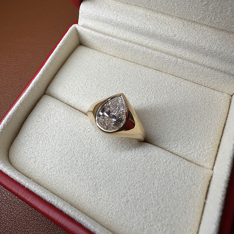 Bezel Pear Shape Signet Style Lab Grown Diamond Engagement Ring 