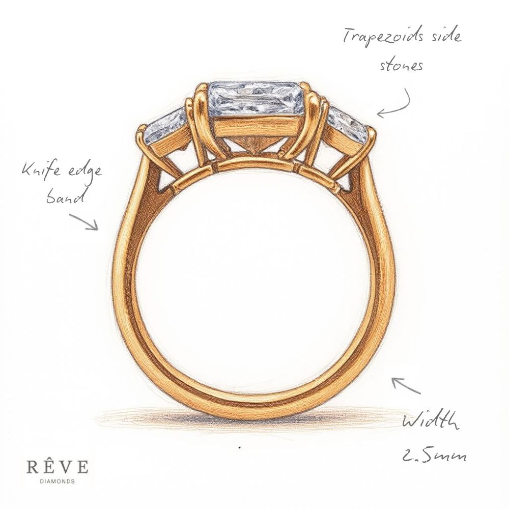 Large Radiant Cut Trapezoids Trilogy Rose Gold Diamond Engagement Ring