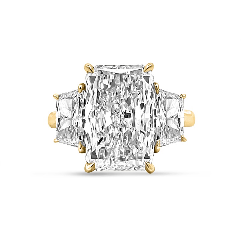 Large Radiant Cut Trapezoids Trilogy Lab Grown Diamond Yellow Gold Engagement Ring