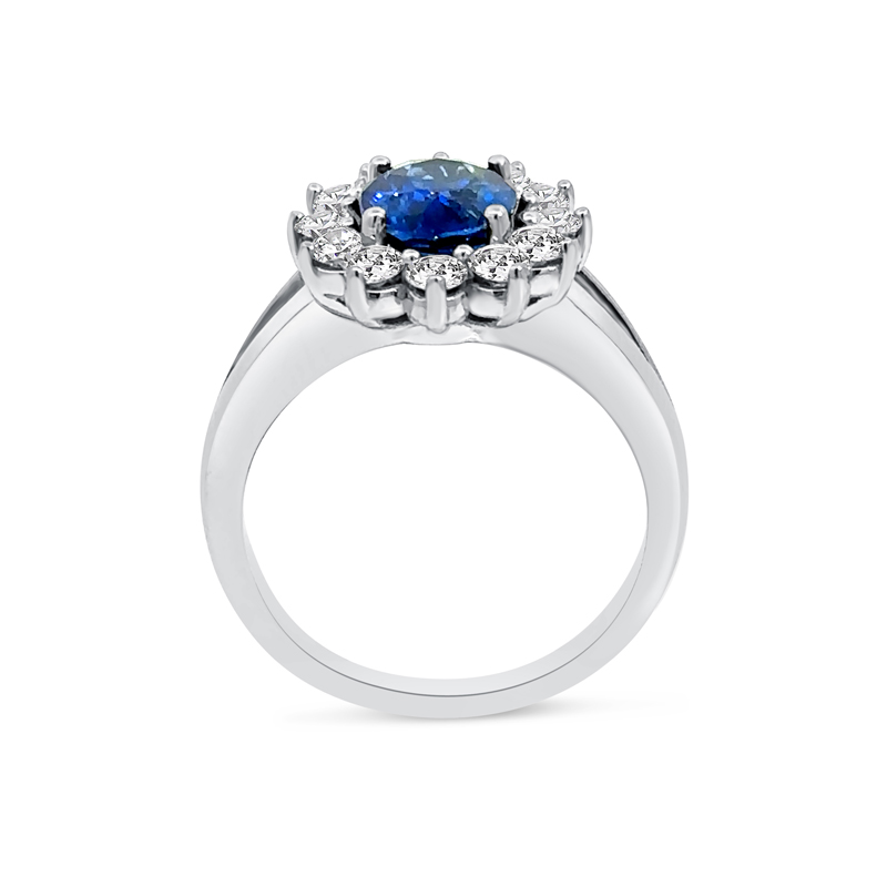 Oval Blue Sapphire Diamond Cluster Split Shank Diamond Engagement Ring 