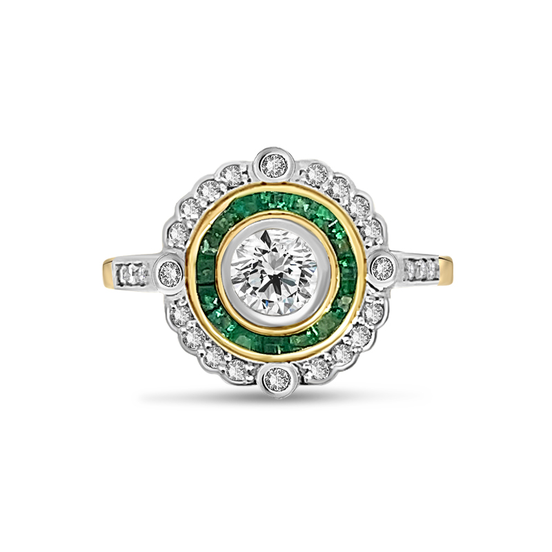 Vintage Style Emerald Halo Diamond Engagement Ring