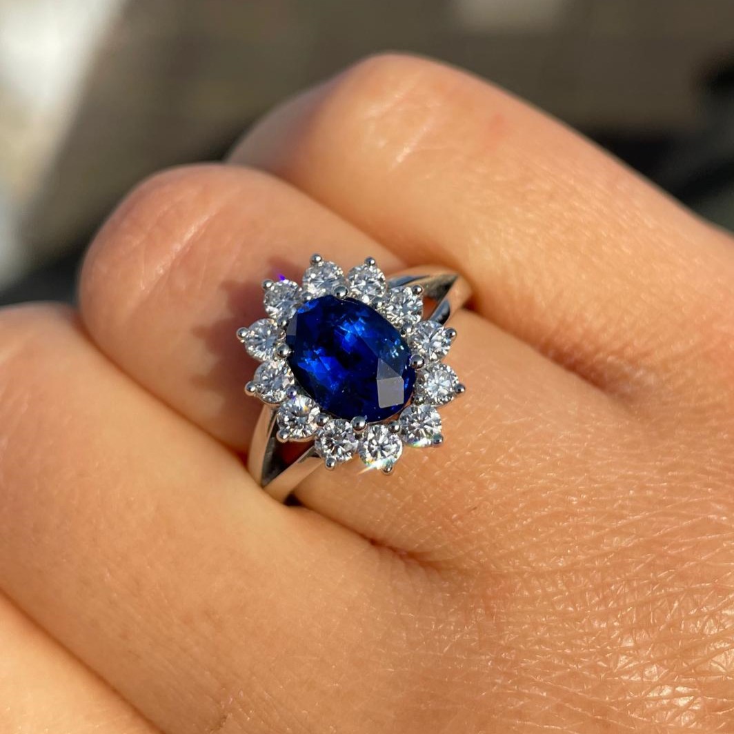 Oval Blue Sapphire Diamond Cluster Split Shank Diamond Engagement Ring 