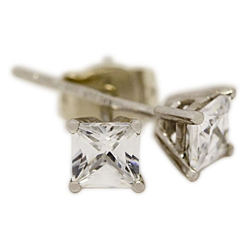 18k White Gold Four Claw 1ct Total Princess Cut Diamond Earring Studs