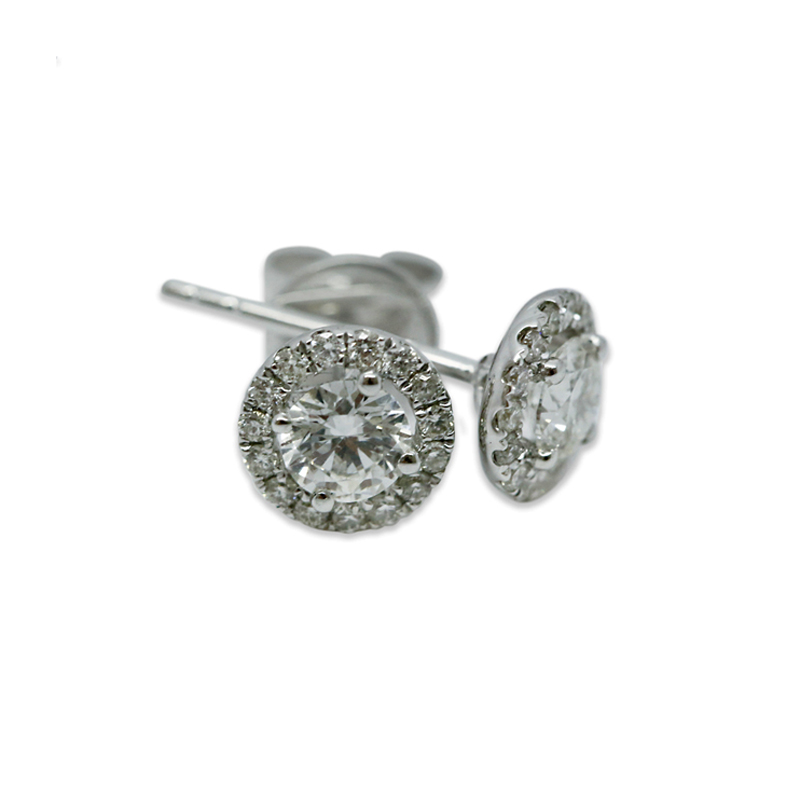 18kt White Gold Round Halo 0.50ct Total Diamond Earring Studs