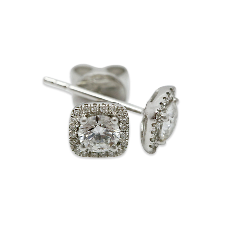 18k White Gold 0.50ct Total Square Halo Setting Diamond Earring Studs