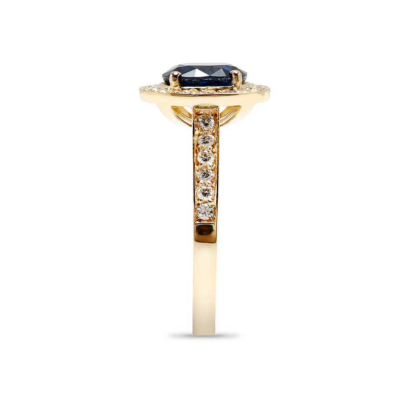 Yellow Gold Blue Sapphire Diamond Halo Engagement Ring