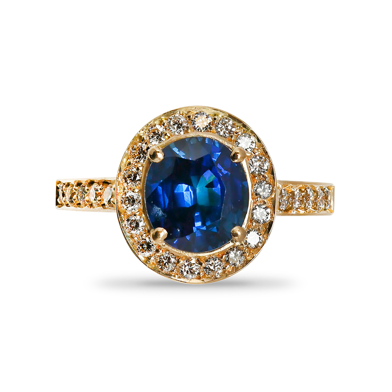 18kt Yellow Gold Oval Cut Halo Blue Sapphire Double Halo Diamond Engagement Ring Top View