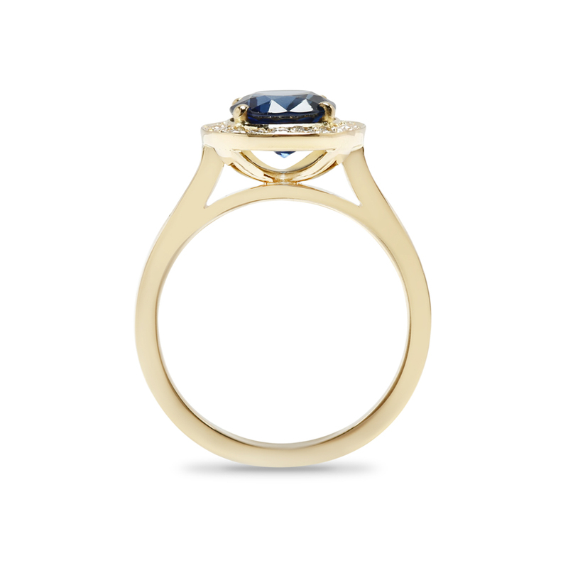 Yellow Gold Blue Oval Sapphire Diamond Halo Engagement Ring