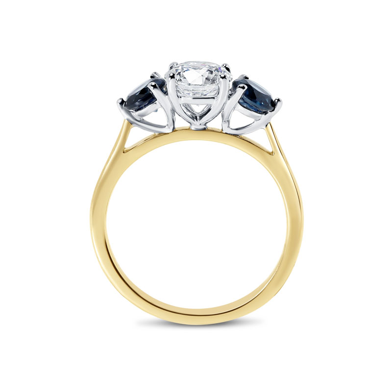 Lab Grown Round Diamond And Teal Sapphires Trilogy Engagement Ring