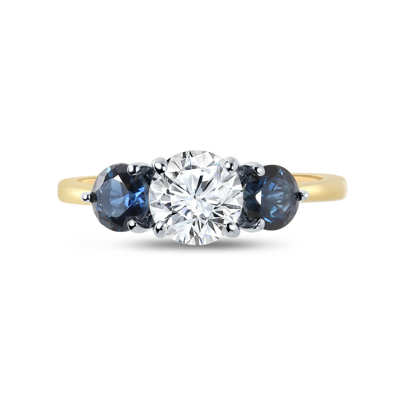 Round Diamond And Teal Sapphires Trilogy Engagement Ring