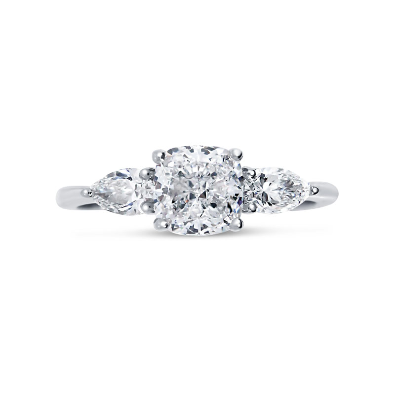 Cushion Cut Trilogy Pear Side Stones Diamond Engagement Ring