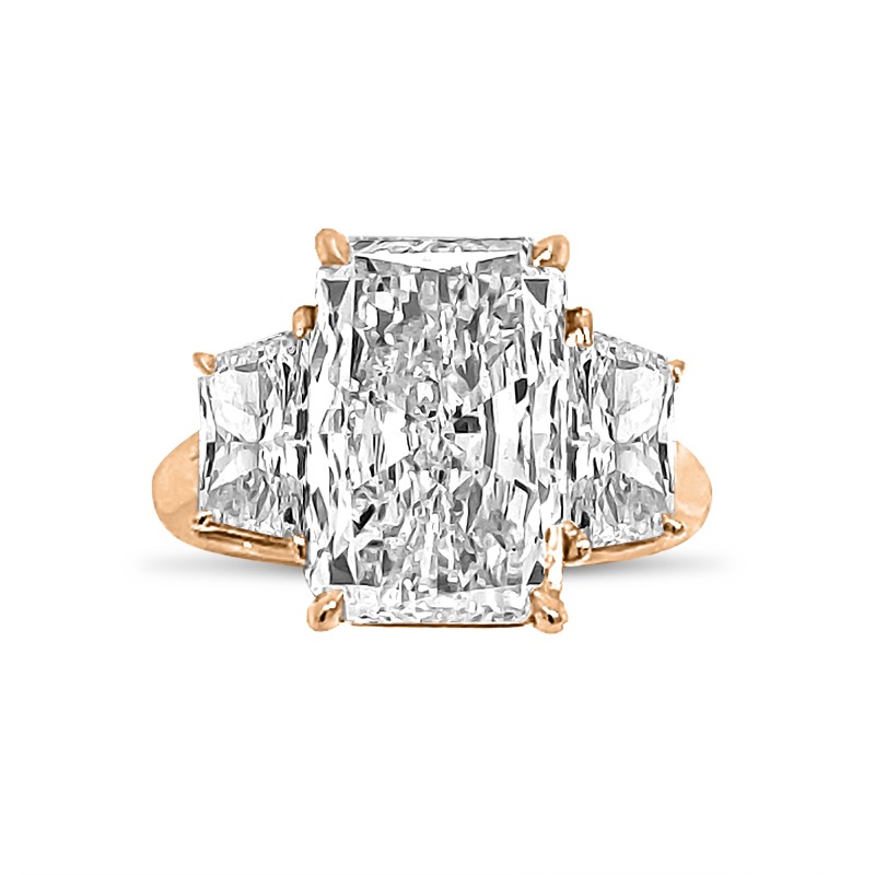 Large Radiant Cut Trapezoids Trilogy Rose Gold Diamond Engagement Ring