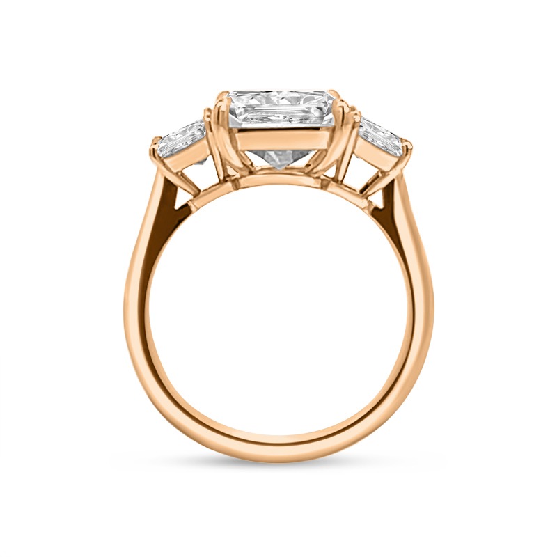 Large Radiant Cut Trapezoids Trilogy Rose Gold Diamond Engagement Ring