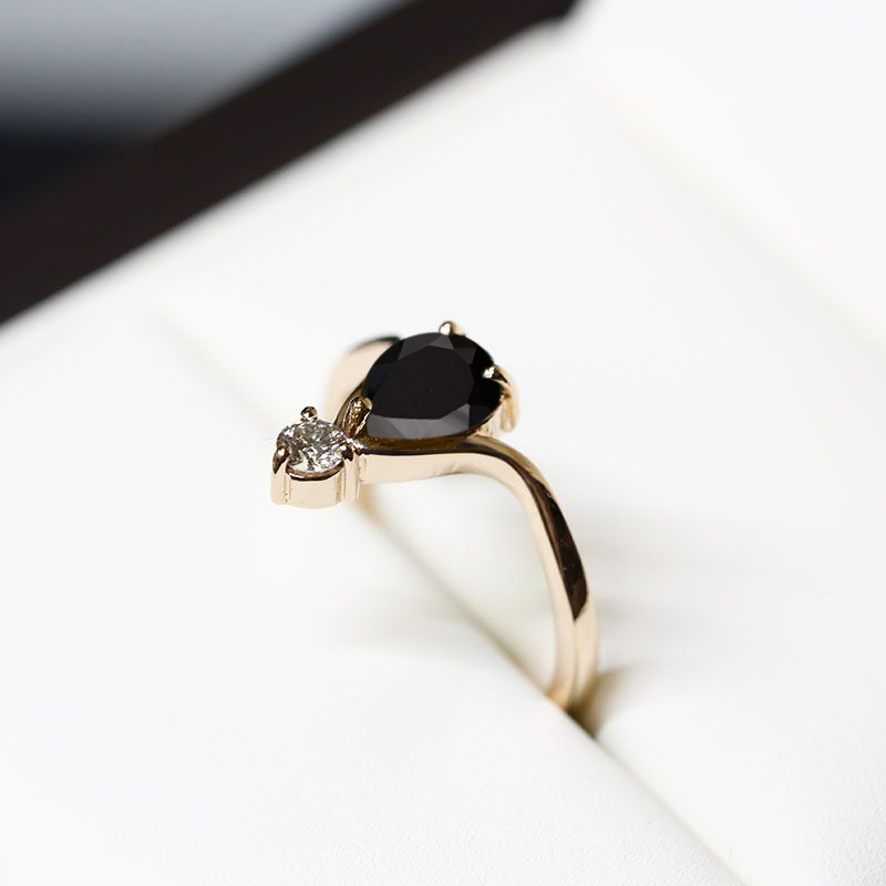 Black Diamond Pear and Small Diamond Engagement Ring