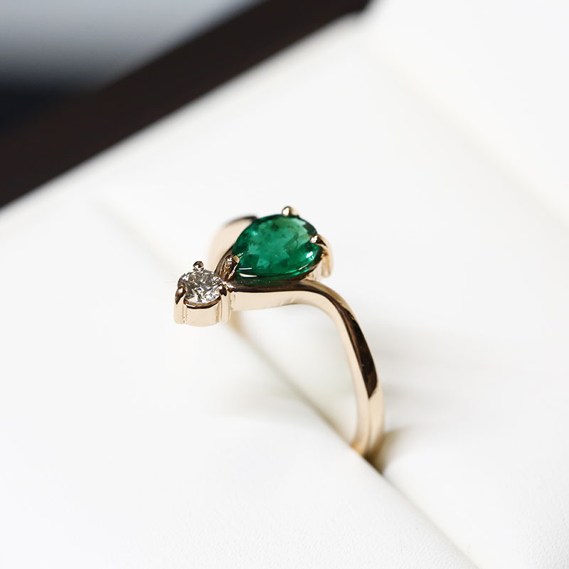 Pear Shape Green Emerald and Small Diamond Engagement Ring