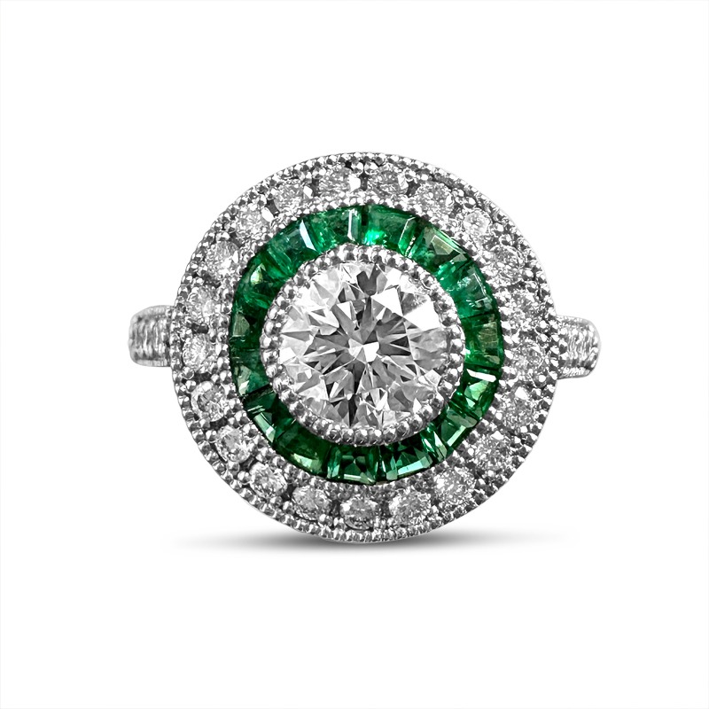 Art Deco Inspired Emerald and Diamond Halo Engagement Ring