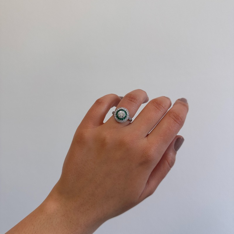 Art Deco Inspired Emerald and Diamond Halo Engagement Ring