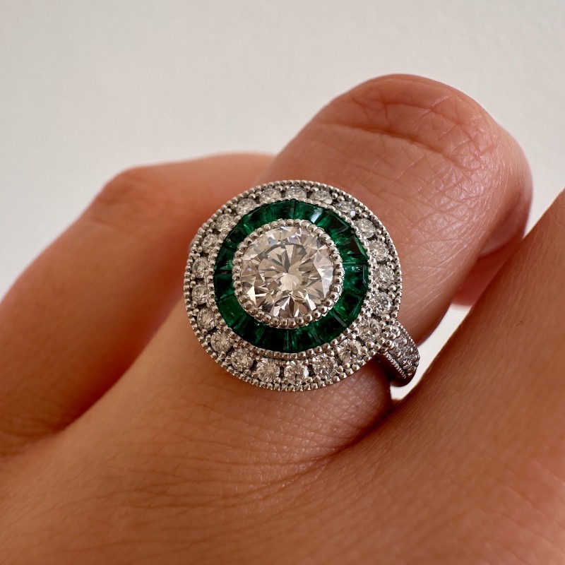 Art Deco Inspired Emerald and Diamond Halo Engagement Ring