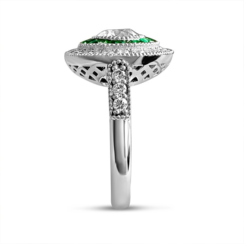 Art Deco Inspired Emerald and Diamond Halo Engagement Ring