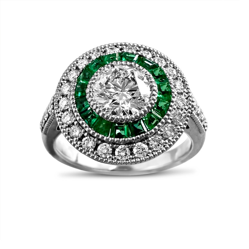 Art Deco Inspired Emerald and Diamond Halo Engagement Ring