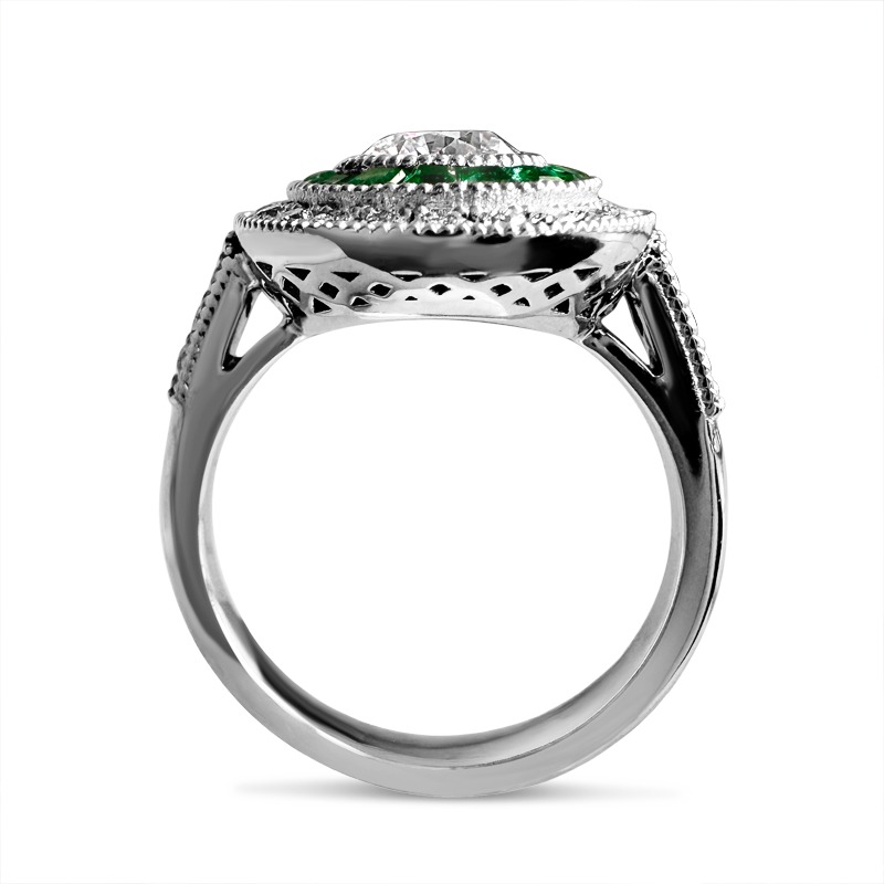 Art Deco Inspired Emerald and Diamond Halo Engagement Ring