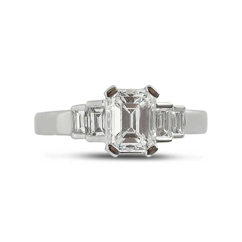 Art Deco Emerald Cut and Four Baguettes Diamond Engagement Ring Top View