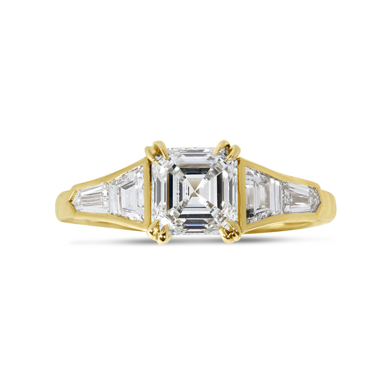 Asscher Shape Trapezoid and Bullets Side Diamond Engagement Ring