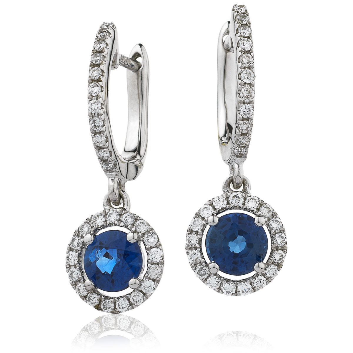 Blue Sapphire Halo Drop Hoops Diamond Earring