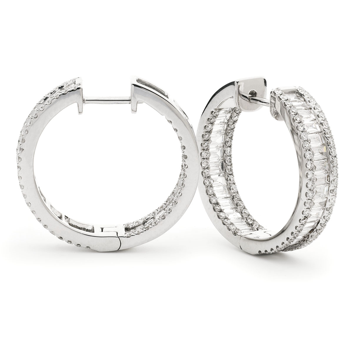 Baguette Cut In And Out Round Diamond Hoops Earrings