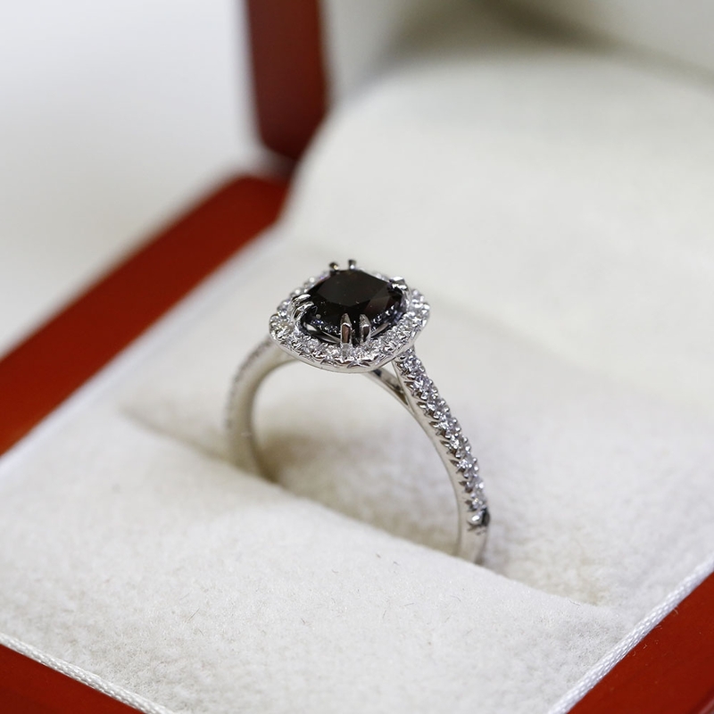Black Diamond Cushion Cut Halo Engagement Ring
