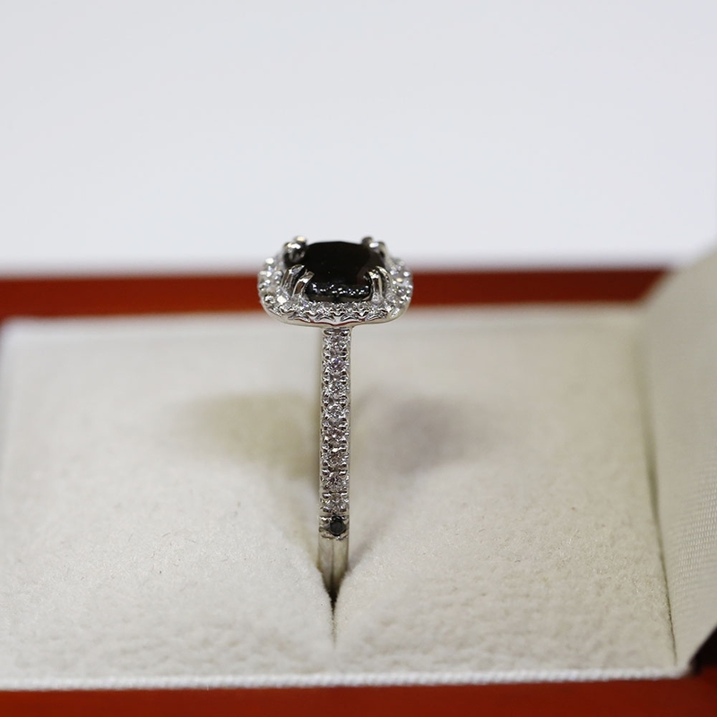 Black Diamond Cushion Cut Halo Engagement Ring