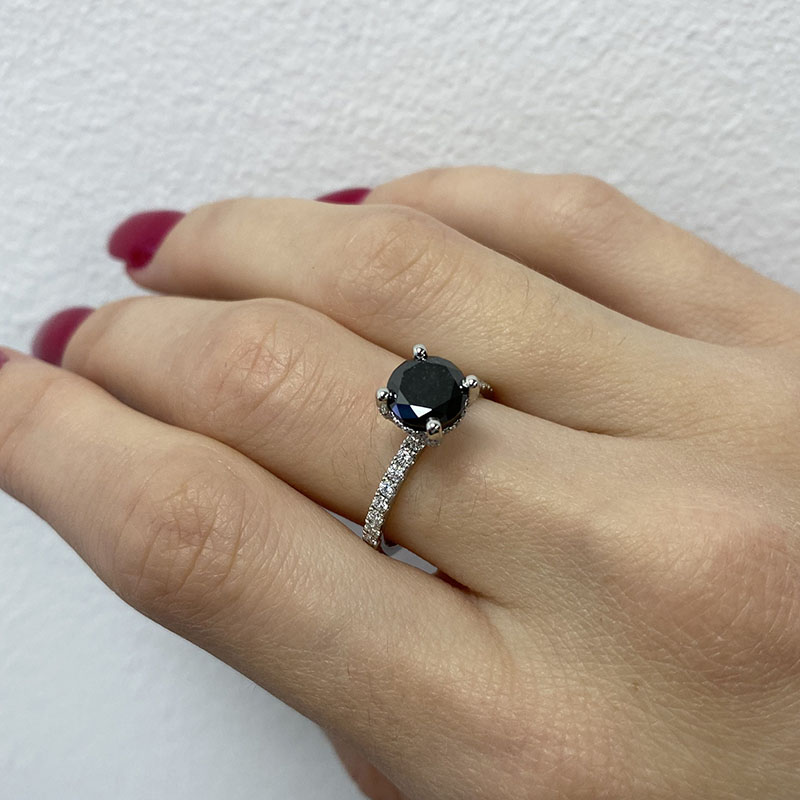 Black Diamond Round Cut Hidden Halo Engagement Ring