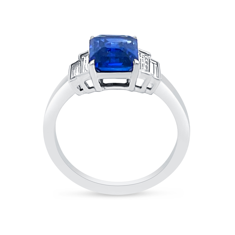 Blue Sapphire Emerald Cut and Side Baguettes Engagement Ring