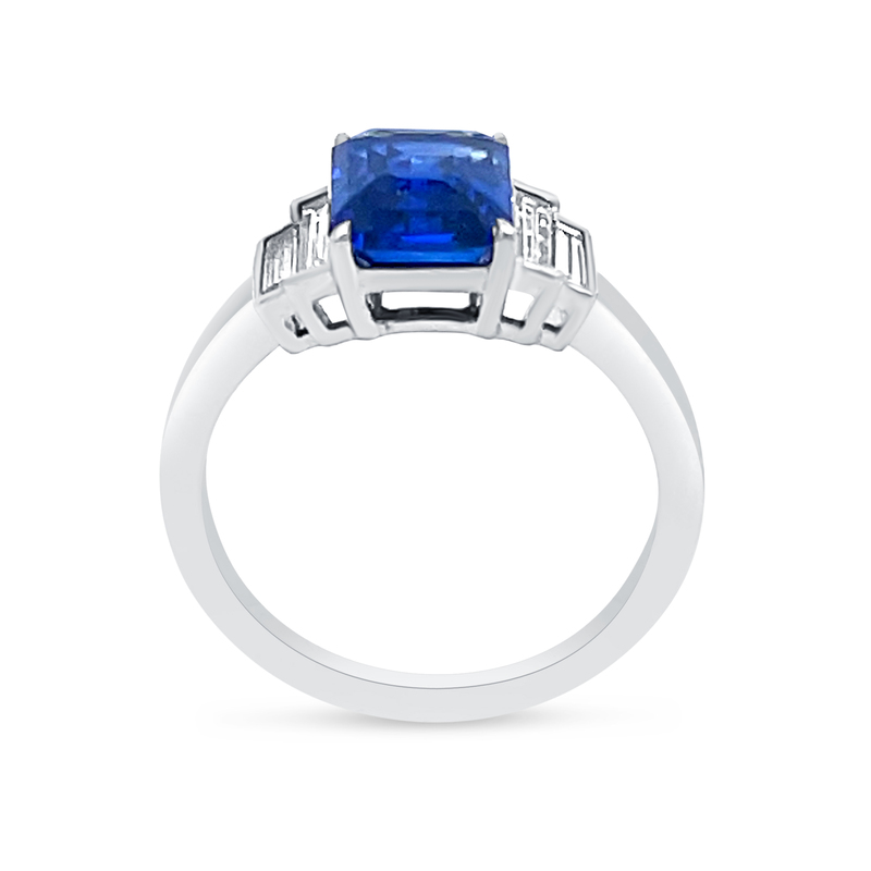 Blue Sapphire Emerald Shape and Side Baguettes Engagement Ring