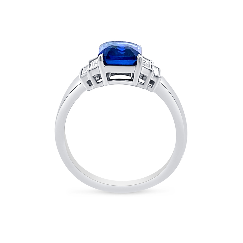 Blue Sapphire Emerald Cut and Side Baguettes Engagement Ring