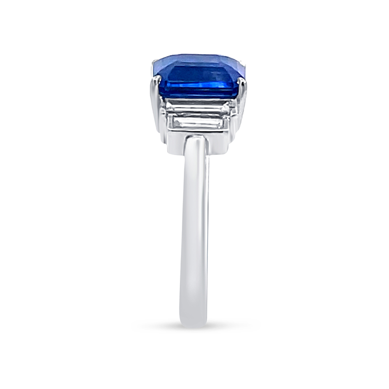 Blue Sapphire Emerald Cut and Side Baguettes Engagement Ring