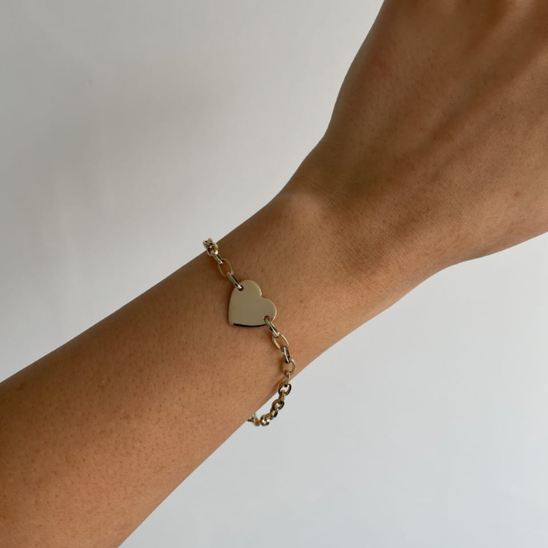 9kt Yellow Gold Heart Plate Belcher Link Ladies Bracelet