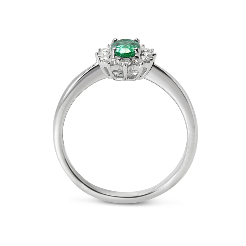 Green Emerald Oval Shape Diamond Cluster Engagement Ring