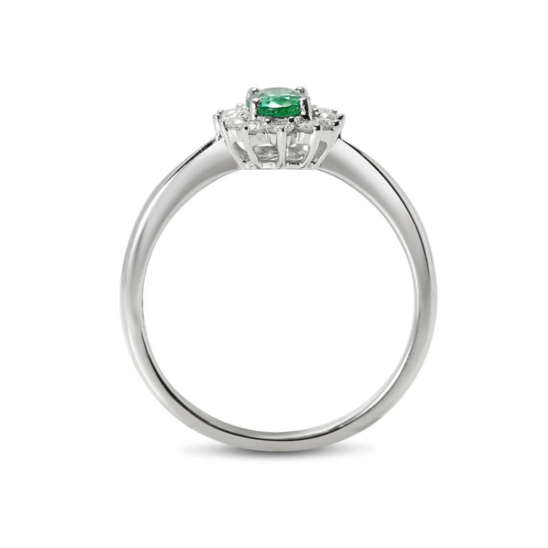 Green Emerald Oval Shape Diamond Cluster Engagement Ring