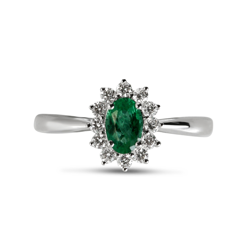 Green Oval Shape Emerald Diamond Cluster Engagement Ring
