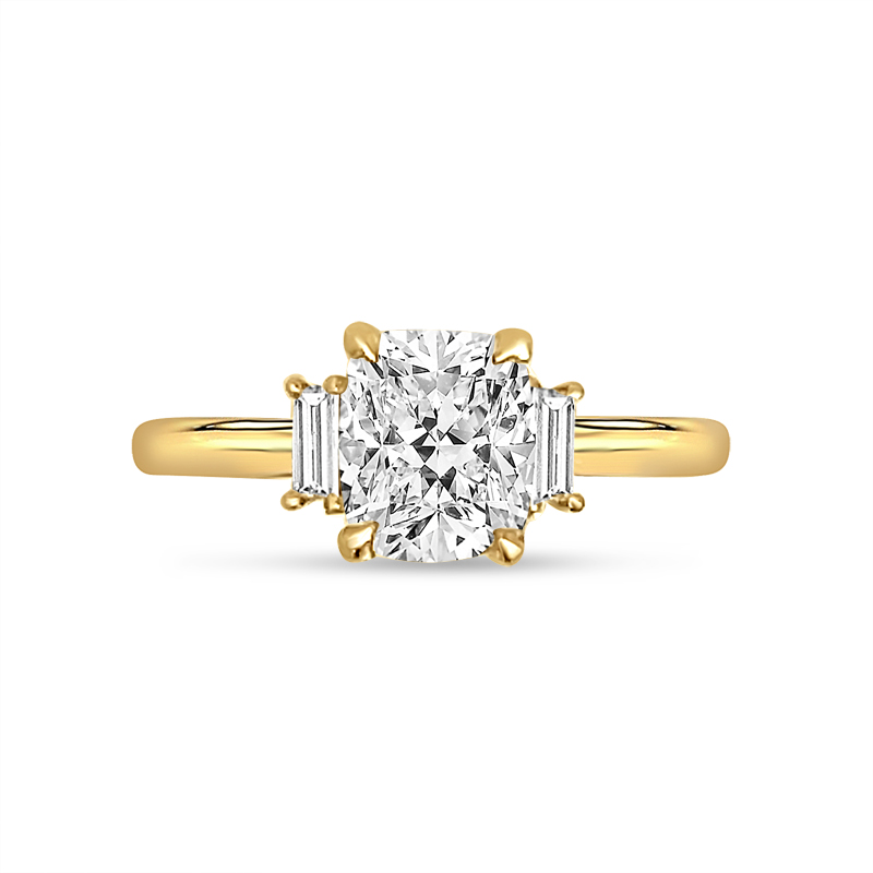 Elongated Cushion and Baguette Side Stone Trilogy Diamond Engagement Ring