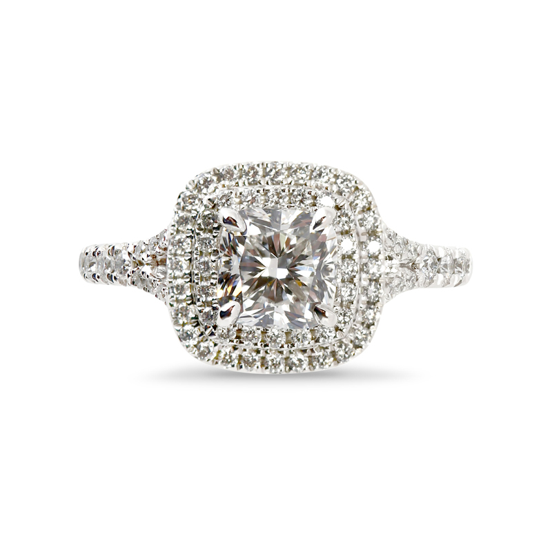 Cushion Diamond Double Halo Split Shank Engagement Ring