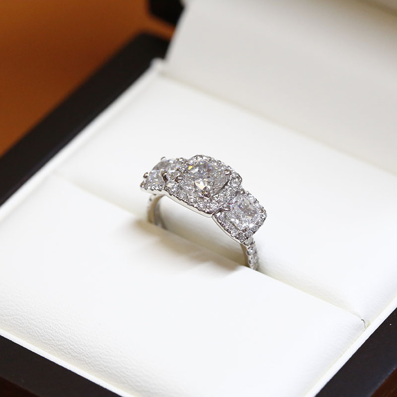 Cushion Cut Halo Trilogy Diamond Engagement Ring