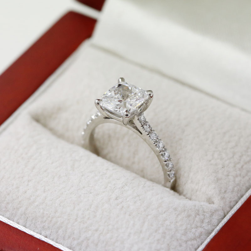 Four Claw Cushion Cut Diamond Micro Setting Engagement Ring