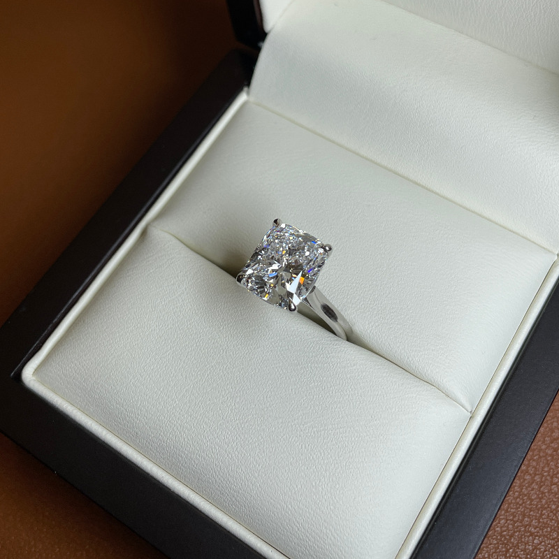Elongated Large Cushion Solitaire Diamond Engagement Ring