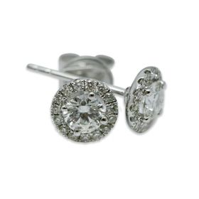 18kt White Gold Round Halo 1 Carat Total Diamond Earring Studs
