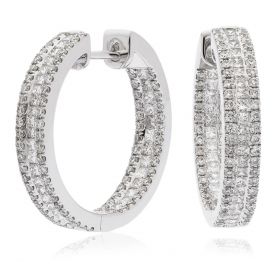 In and Out Princess Cut Three Row Diamonds Hoop Earrings