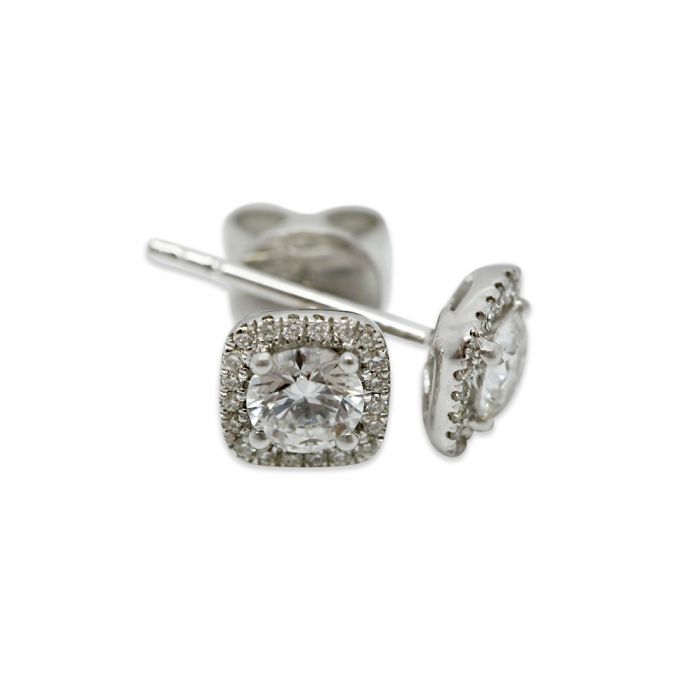 18k White Gold 0.30ct Total Square Halo Setting Diamond Earring Studs