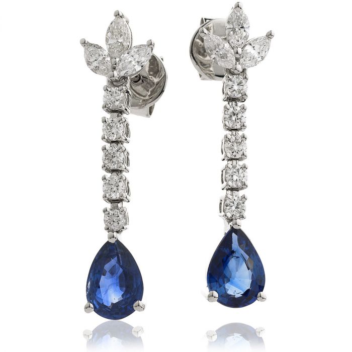 Pear Shape Blue Sapphire and Diamonds Drop Earrings