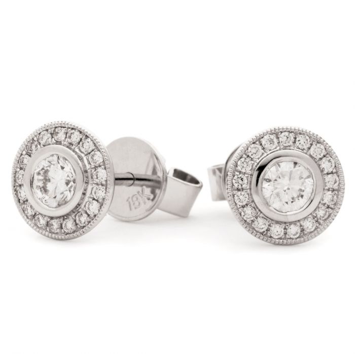Rubover Grain Set Halo Diamond Earring Studs